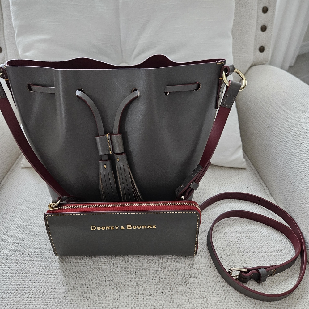 Dooney & Bourke Grey and Burgundy Women's Bag And Wallet - Picture 2 of 15